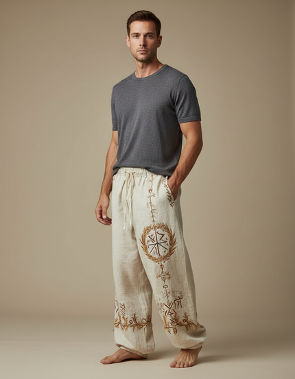 Pantalon Patte D'Éléphant Lin Ample Ethnique Brodé Homme - Beige