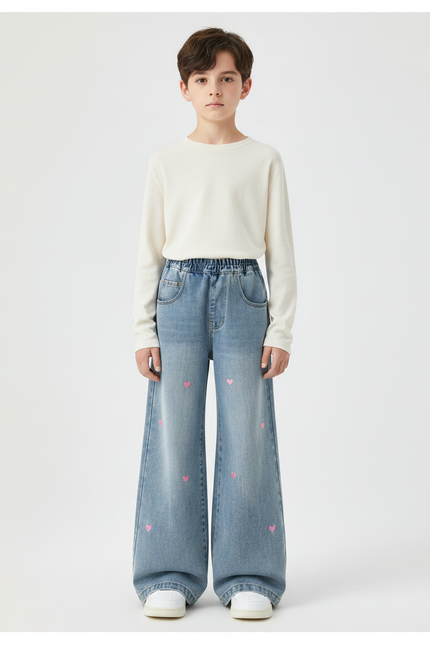 Pantalon Patte D'Éléphant Denim Cœur Brodé Évasé Enfant - Bleu Jean