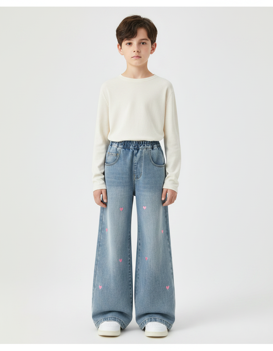 Pantalon Patte D'Éléphant Denim Cœur Brodé Évasé Enfant - Bleu Jean