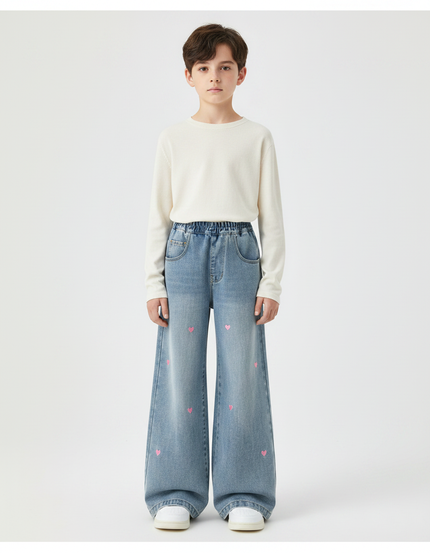 Pantalon Patte D'Éléphant Denim Cœur Brodé Évasé Enfant - Bleu Jean