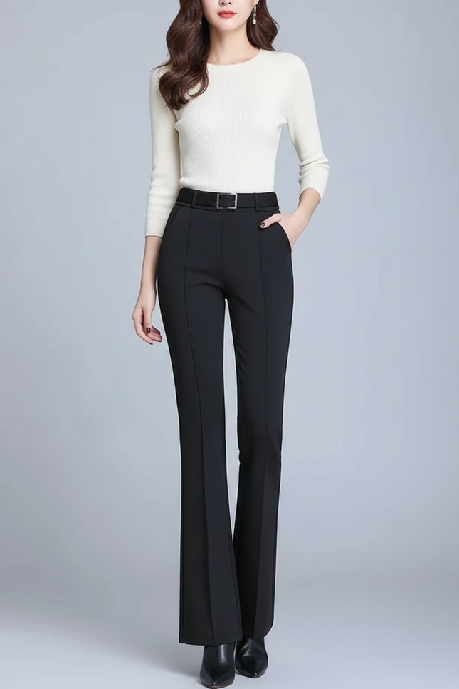 Pantalon Patte D'Éléphant Noir Élégant Taille Haute Ceinturé - Polyester