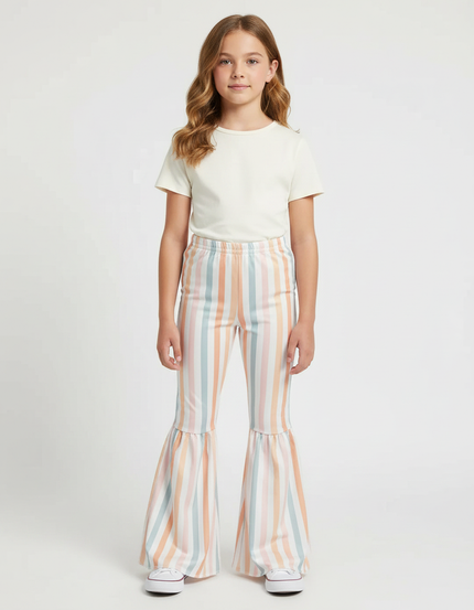 Pantalon Patte D'Éléphant Rayé Multicolore Évasé Confortable Fille - Polyester