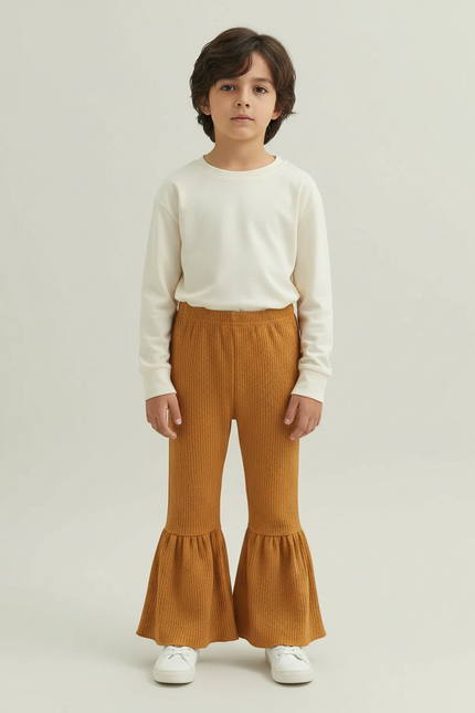 Pantalon Patte D'Éléphant Ocre Côtelé Évasé Volants Enfant - Jaune Maille