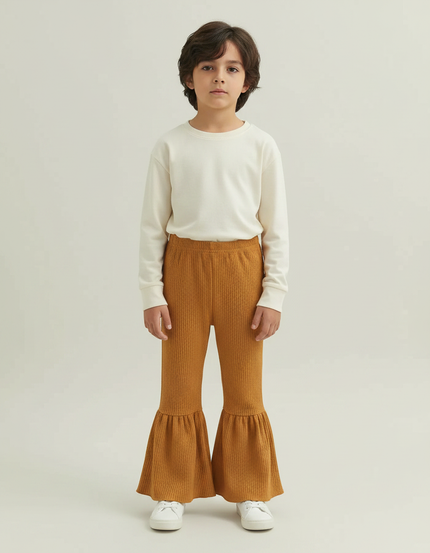 Pantalon Patte D'Éléphant Ocre Côtelé Évasé Volants Enfant - Jaune Maille