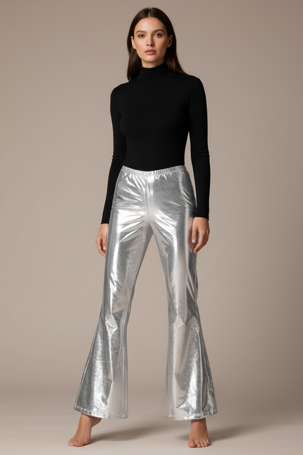 Pantalon Patte D'Éléphant Argenté Brillant Métallisé Évasé Disco - Polyester
