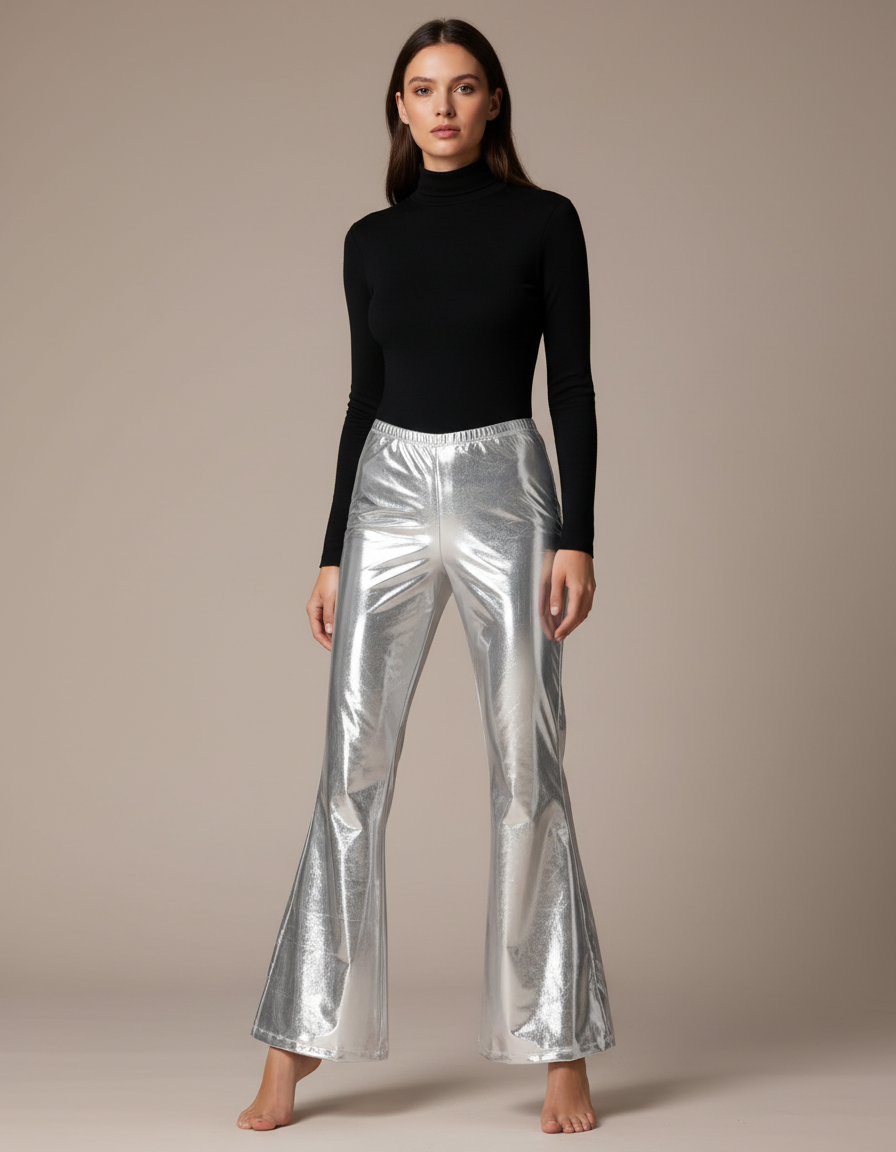 Pantalon Patte D'Éléphant Argenté Brillant Métallisé Évasé Disco - Polyester