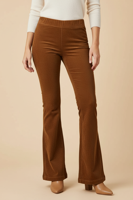Pantalon Patte D'Éléphant Marron Côtelé Élastiqué Confortable Femme - Cordé