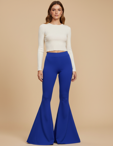 Pantalon Patte D'Éléphant Bleu Royal Taille Haute Évasé Fluide - Polyester