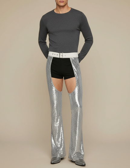 Pantalon Patte D'Éléphant Argenté Pailleté Ouvert Évasé Homme - Polyester