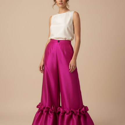 Pantalon Patte D'Éléphant Fuchsia Satiné Volants Élégant - Rose