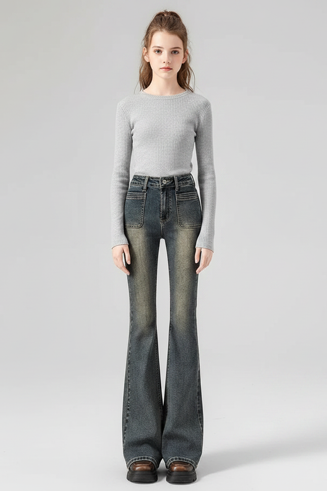 Pantalon Patte D'Éléphant Vintage Gris Délavé Taille Haute - Jean