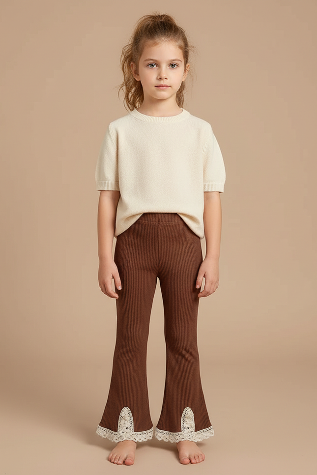 Pantalon Patte D'Éléphant Marron Côtelé Évasé Dentelle Enfant - Maille