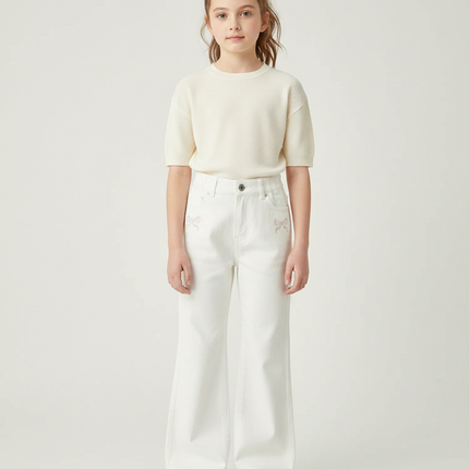 Pantalon Patte D'Éléphant Blanc Denim Large Nœuds Fille - Jean