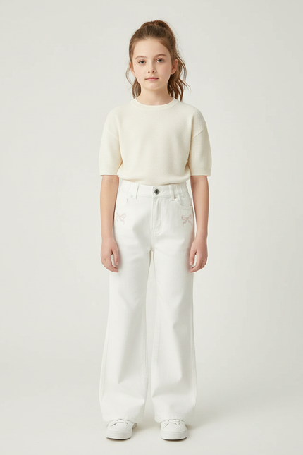 Pantalon Patte D'Éléphant Blanc Denim Large Nœuds Fille - Jean