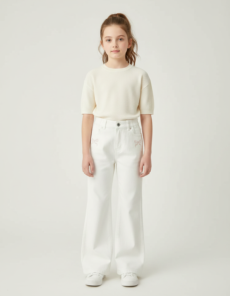 Pantalon Patte D'Éléphant Blanc Denim Large Nœuds Fille - Jean