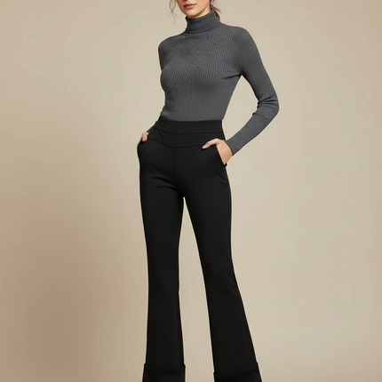 Pantalon Patte D'Éléphant Noir Évasé Taille Haute Hiver - Maille