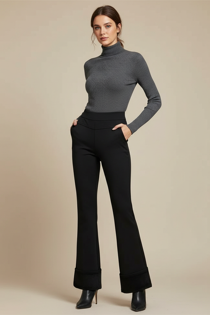 Pantalon Patte D'Éléphant Noir Évasé Taille Haute Hiver - Maille