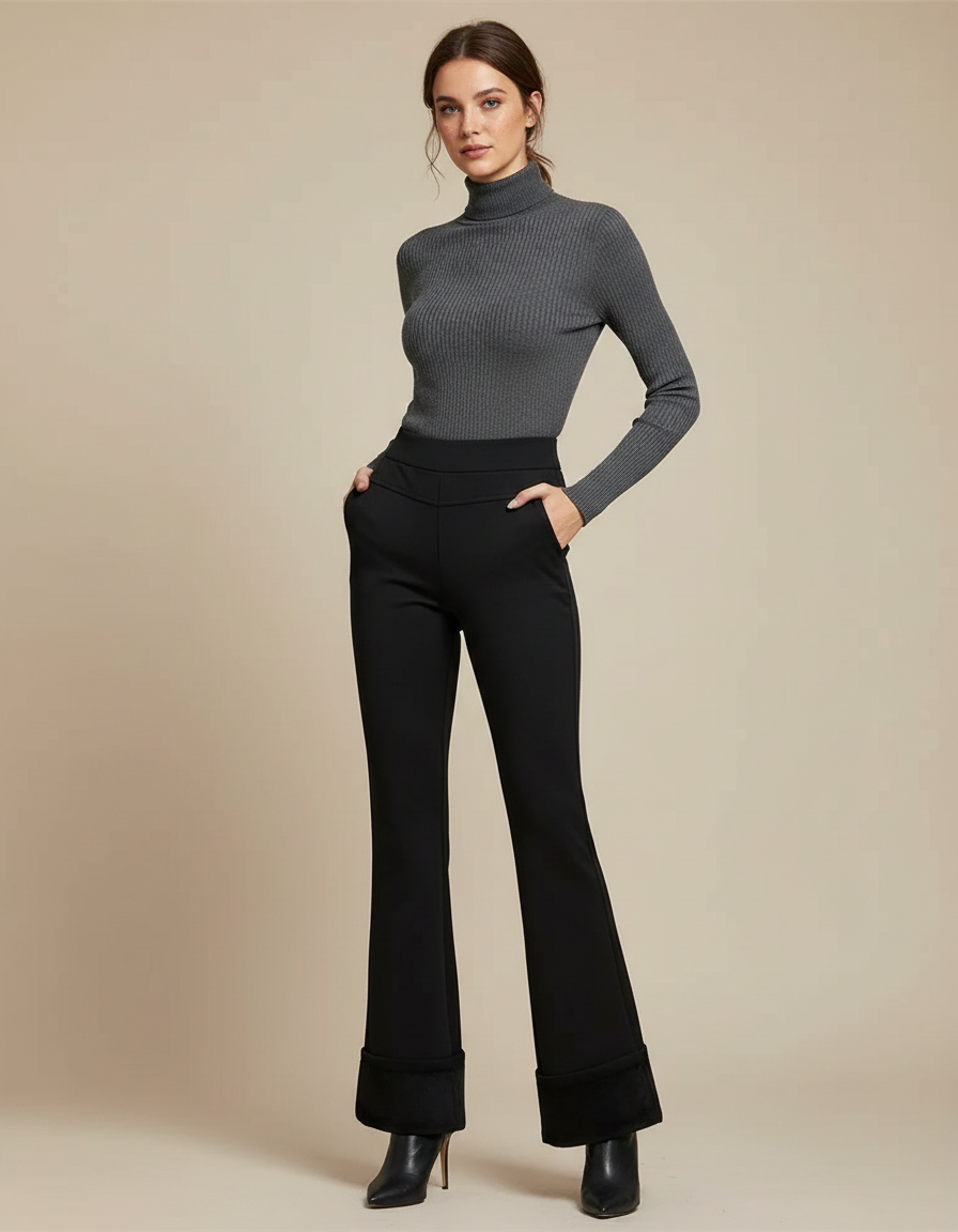 Pantalon Patte D'Éléphant Noir Évasé Taille Haute Hiver - Maille