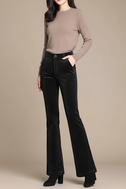 Pantalon Patte D'Éléphant Noir Côtelé Taille Haute Élégant - Cordé