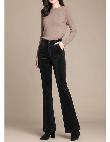 Pantalon Patte D'Éléphant Noir Côtelé Taille Haute Élégant - Cordé