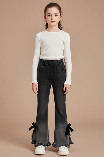 Pantalon Patte D'Éléphant Noir Dégradé Volants Nœuds - Jean