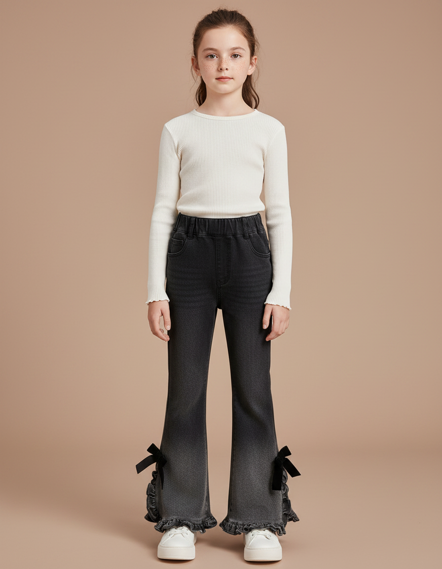 Pantalon Patte D'Éléphant Noir Dégradé Volants Nœuds - Jean