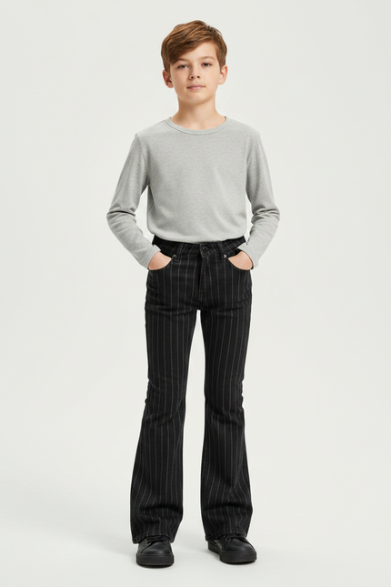 Pantalon Patte D'Éléphant Noir Rayé Vintage Décontracté Enfant - Gabardine