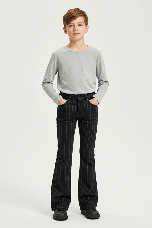 Pantalon Patte D'Éléphant Noir Rayé Vintage Décontracté Enfant - Gabardine