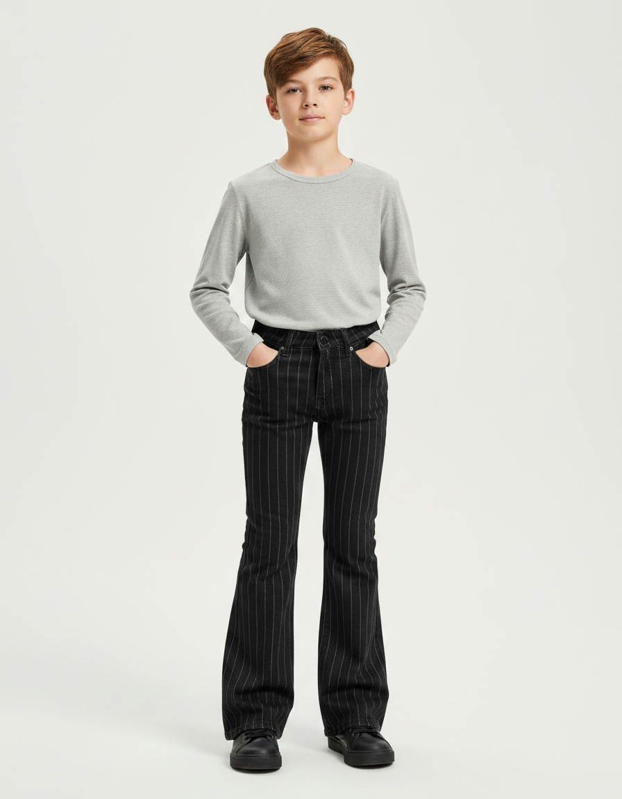 Pantalon Patte D'Éléphant Noir Rayé Vintage Décontracté Enfant - Gabardine