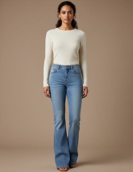 Pantalon Patte D'Éléphant Jean Bleu Taille Haute Stretch