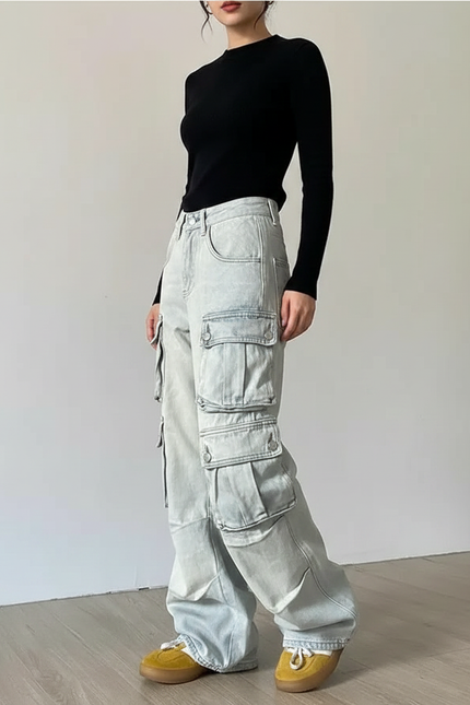 Pantalon Patte D'Éléphant Bleu Délavé Cargo Multi-Poches Large - Jean