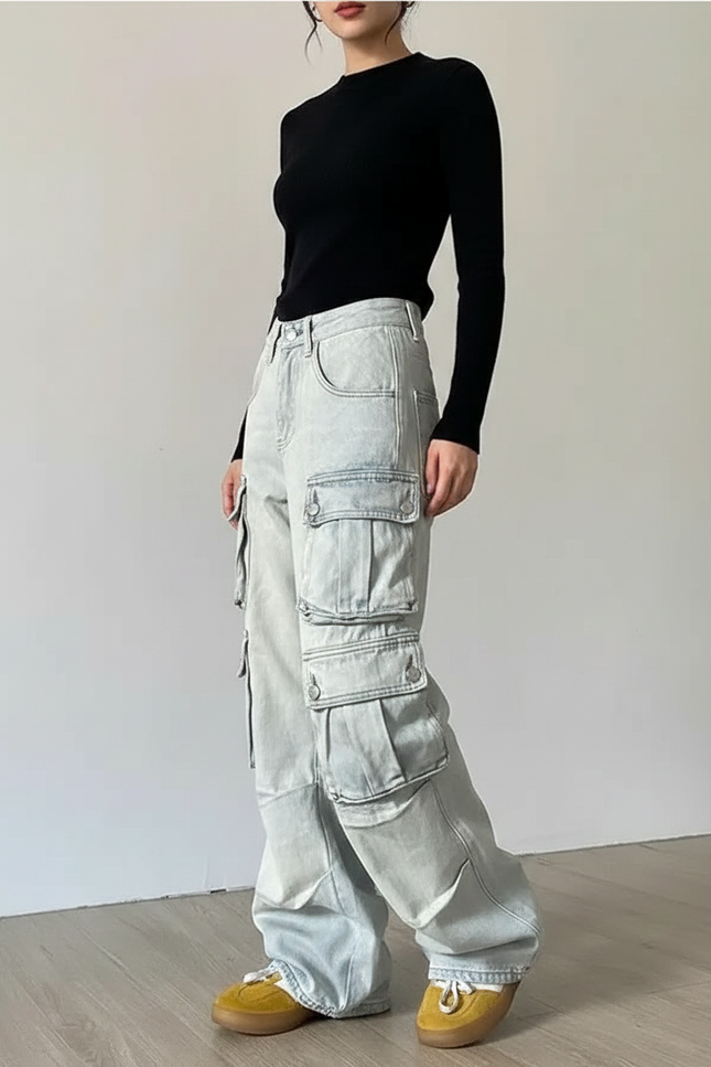 Pantalon Patte D'Éléphant Bleu Délavé Cargo Multi-Poches Large - Jean