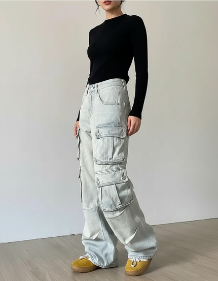 Pantalon Patte D'Éléphant Bleu Délavé Cargo Multi-Poches Large - Jean