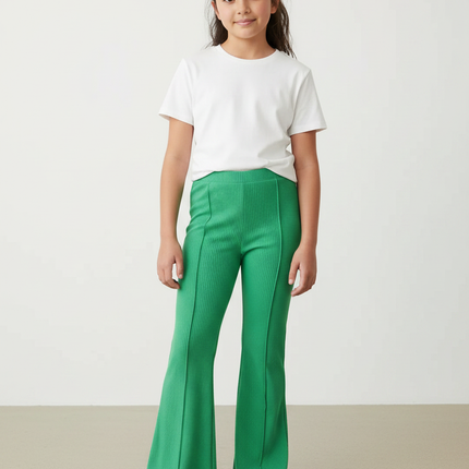 Pantalon Patte D'Éléphant Vert Côtelé Fille Confortable - Maille