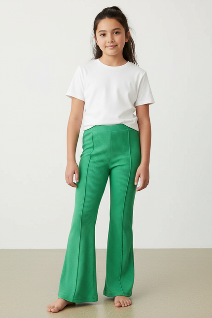 Pantalon Patte D'Éléphant Vert Côtelé Fille Confortable - Maille