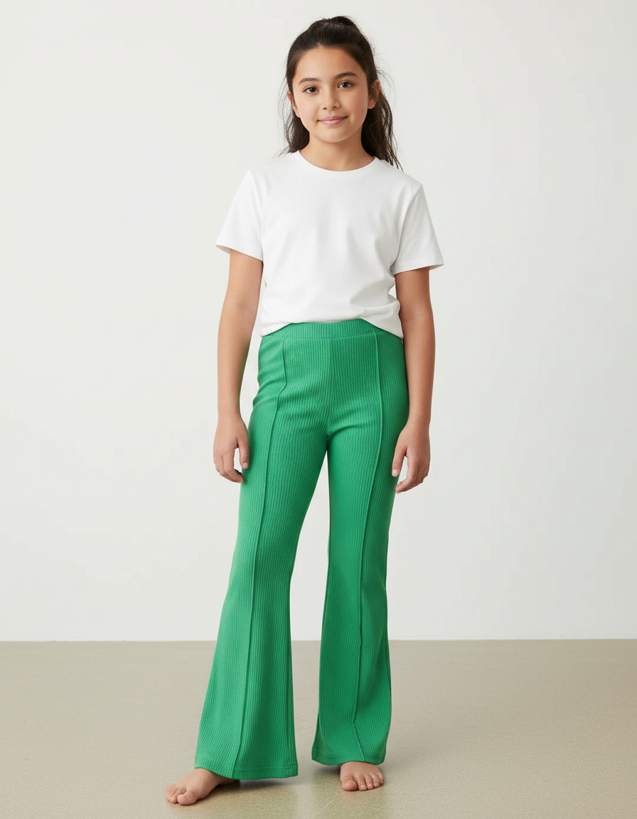 Pantalon Patte D'Éléphant Vert Côtelé Fille Confortable - Maille