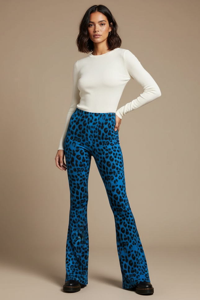 Pantalon Patte D'Éléphant Léopard Bleu Imprimé Taille Haute - Maille