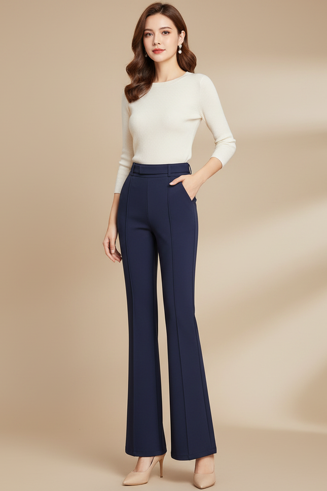 Pantalon Patte D'Éléphant Bleu Marine Élégant Taille Haute Évasé - Polyester