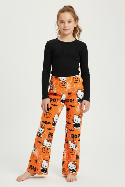 Pantalon Patte D'Éléphant Halloween Orange Hello Kitty Polaire Enfant - Molleton