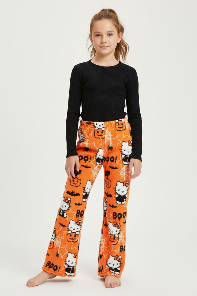 Pantalon Patte D'Éléphant Halloween Orange Hello Kitty Polaire Enfant - Molleton