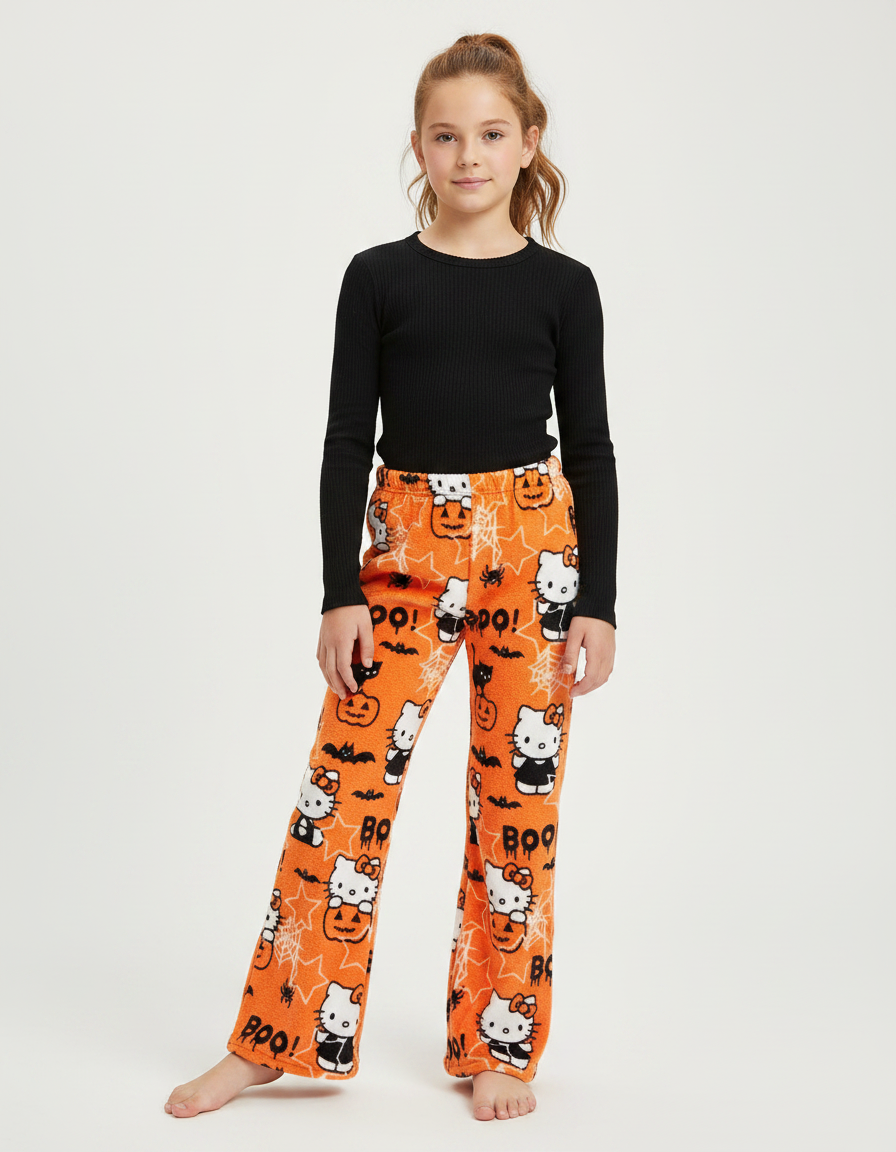 Pantalon Patte D'Éléphant Halloween Orange Hello Kitty Polaire Enfant - Molleton