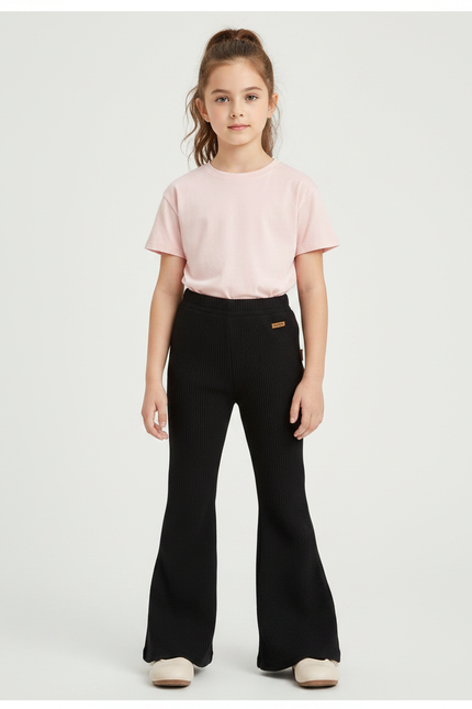Pantalon Patte D'Éléphant Noir Côtelé Évasé Enfant Décontracté - Maille
