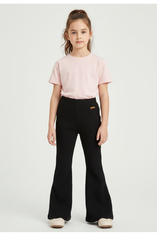 Pantalon Patte D'Éléphant Noir Côtelé Évasé Enfant Décontracté - Maille