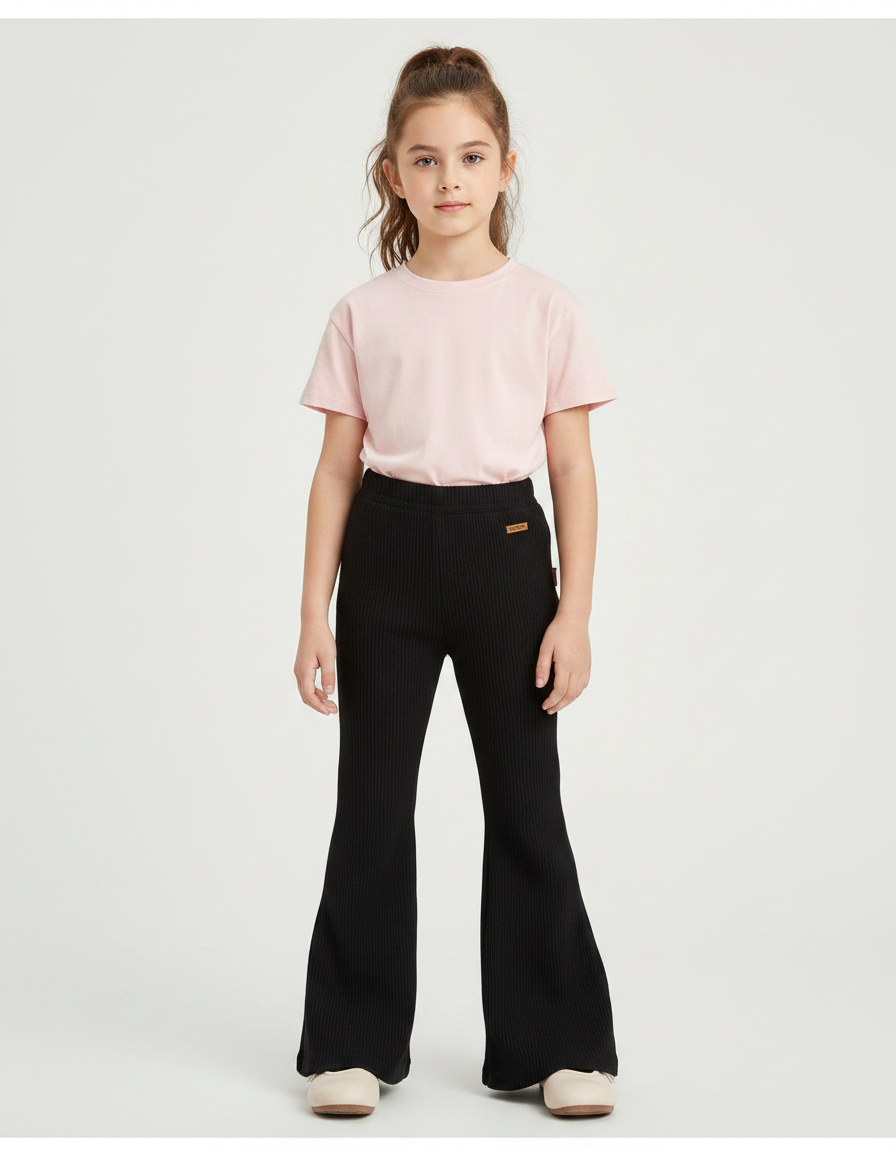 Pantalon Patte D'Éléphant Noir Côtelé Évasé Enfant Décontracté - Maille