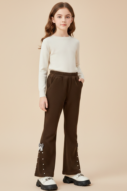 Pantalon Patte D'Éléphant Marron Côtelé Nœuds Perles Fille - Cordé