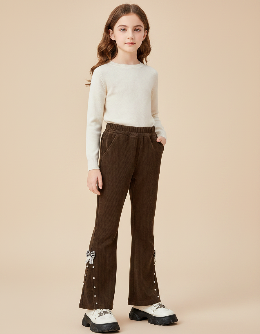 Pantalon Patte D'Éléphant Marron Côtelé Nœuds Perles Fille - Cordé