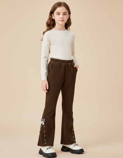 Pantalon Patte D'Éléphant Marron Côtelé Nœuds Perles Fille - Cordé