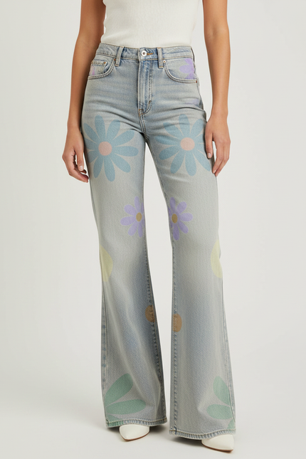 Pantalon Patte D'Éléphant Bleu Fleuri Délavé Taille Haute - Jean
