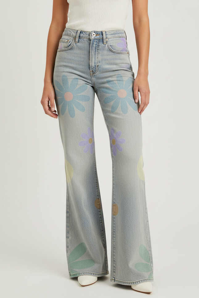 Pantalon Patte D'Éléphant Bleu Fleuri Délavé Taille Haute - Jean