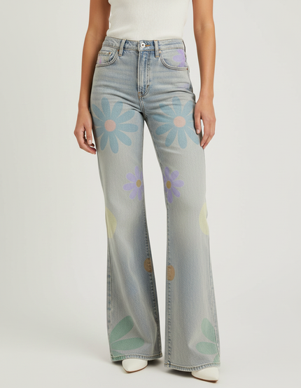 Pantalon Patte D'Éléphant Bleu Fleuri Délavé Taille Haute - Jean